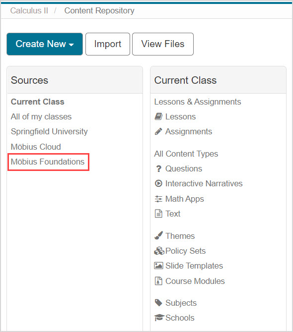 Under Sources pane in the Content Repository, Mobius Foundations is highlighted.